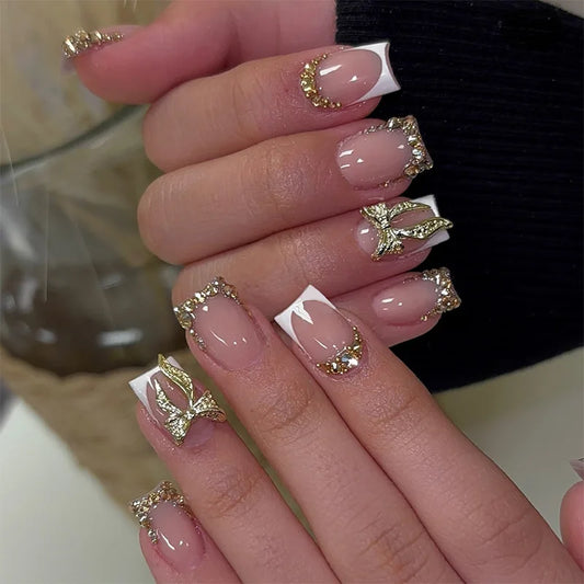 24Pcs Short Square False Nails French 3D Bow Design Wearable Full Cover Nail Tip Glitter Edge Artificial Press on Fake Nails Art