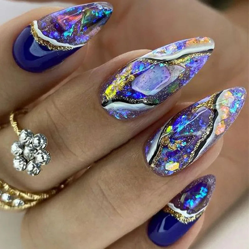24Pcs Mid-length Almond Fake Nail with Blue Stripe Smudge Design Press on Nails for Woman Datachable Full Cover False Nails Tips