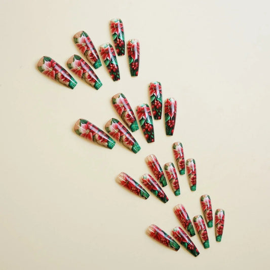 24Pcs Long Coffin Fake Nails Women Chriarmas Party Charm Manicure Full Cover Press On Nails Red Flower Printed Nails Supplies