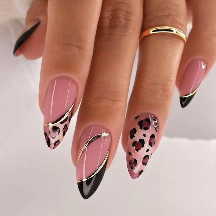 24Pcs Mid-length Almond Press on Fake Nail with French Flower Shiny Powder Design False Nails Art Reusable Full Cover Nails Tips