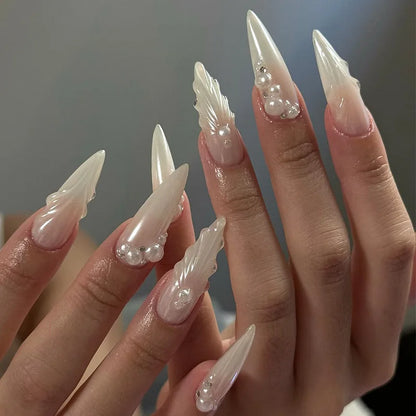 24Pcs Long Almond False Nails Press on Pink French Stripe Design Fake Nails 3D Bow Pearl Reusable Finished Full Cover Nails Tips