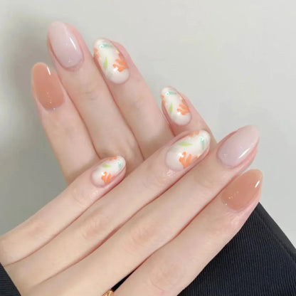 24Pcs Nude Pink Press on Fake Nails with Flower Design Short Almond French False Nails Golden Stripes Manicure Wearable Nail Tip