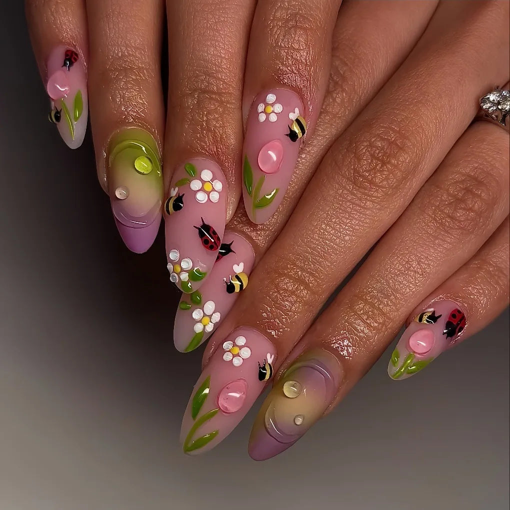 24pcs/set Medium fake nails for women girls 3D embossed flowers butterfly shell designs Summer almond tips press on false nail