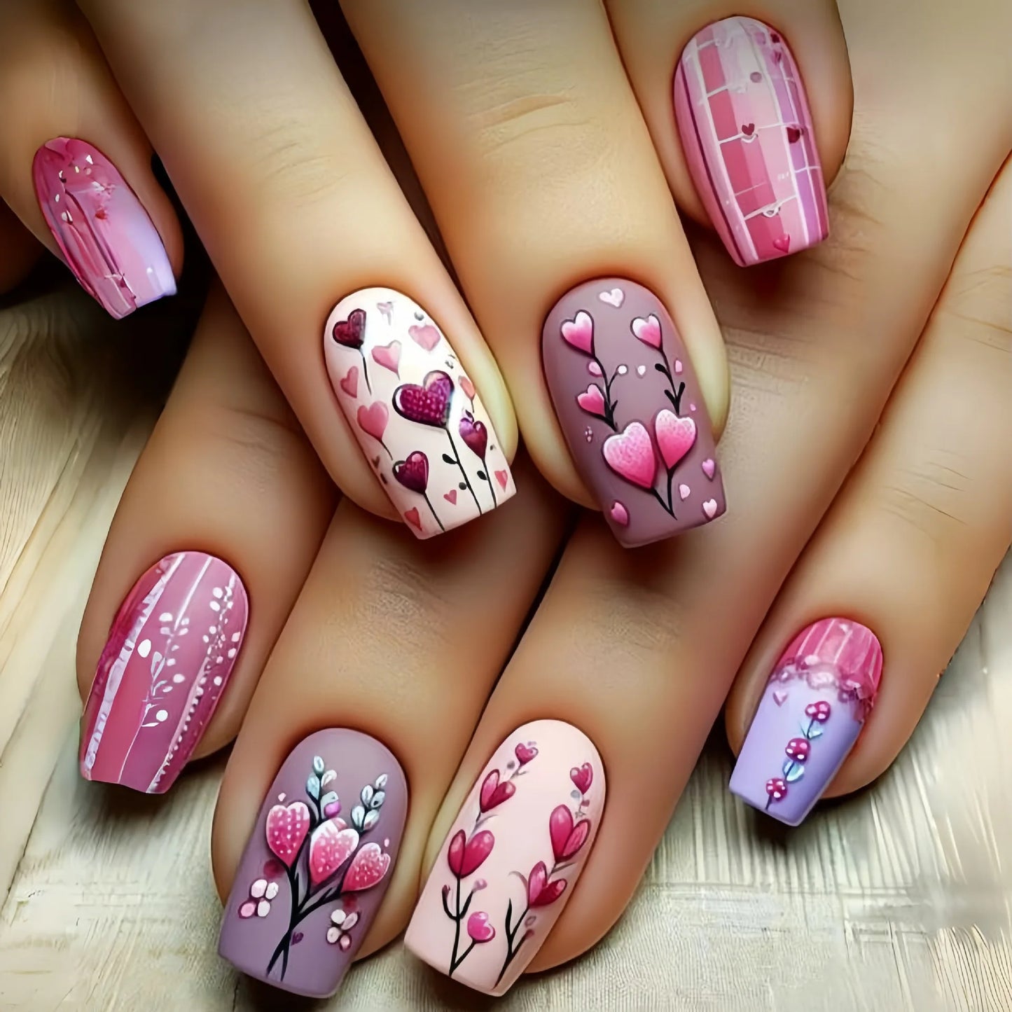 24pcs/set medium long fake nails for women cute gradient pink red heart rose flowers for Valentine's Day press on acrylic nails