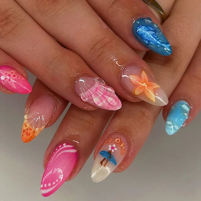 24Pcs Mid-length Blue Almond False Nails with 3D Shell Design Press on Nails Tips Butterfly Flower Pattern Datachable Fake Nail