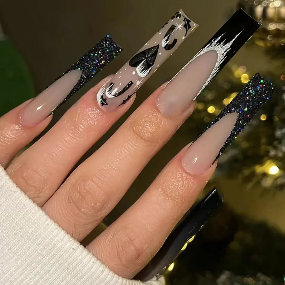 24Pcs Long Square Head False Nails Black French Bow Full Cover Fake Nail Tip Irregular Stripe Rhinestone Reusable Press on Nails