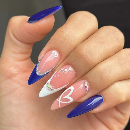 24Pcs Long French Almond Nails Set Press on Simple White Edge Design Fake Nails for Woman Detachable Full Cover False Nails Tips