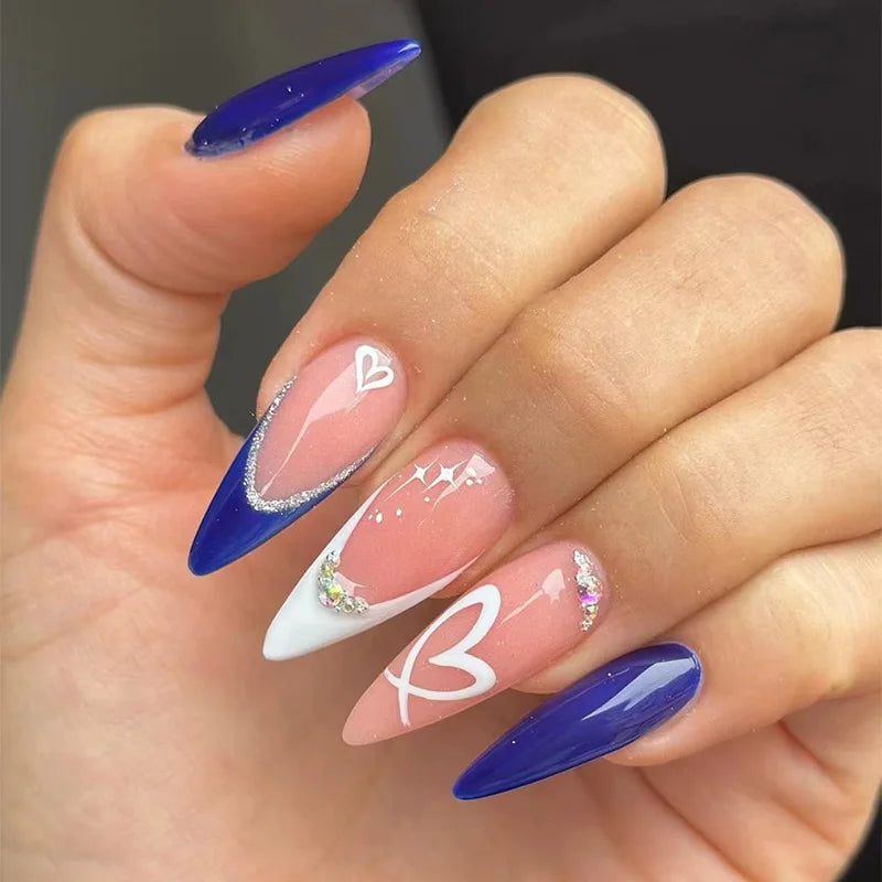 24Pcs Long French Almond Nails Set Press on Simple White Edge Design Fake Nails for Woman Detachable Full Cover False Nails Tips