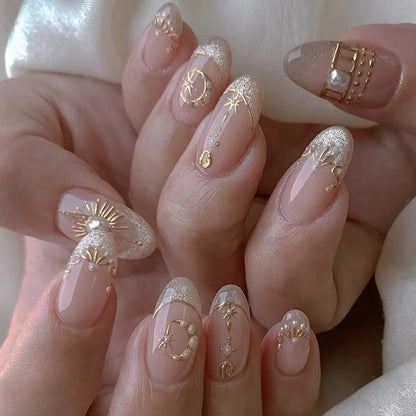 24Pcs Mid-length Almond False Nails Gold Irregular French Fake Nail Love Heart Starburst Rhinestone Reusable Press on Nails Tips