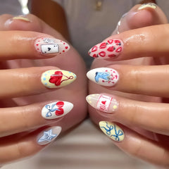 Y2K Girls Almond Fake Nails 24Pcs Colorful Press On Nails Strawberry/Bowknot/Star Printed Party Charm Manicure Stick-on Nail Art
