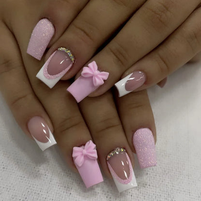 24Pcs Mid-length Square Head Nails Set Press on White French Bow Design Fake Nail Rhinestone Reusable Full Cover False Nail Tip