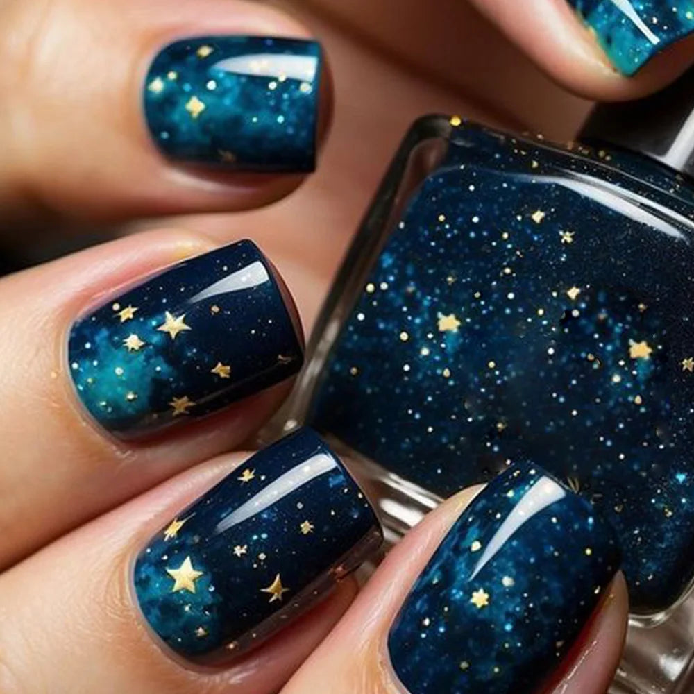24Pcs Gradient Press on False Nails with Colorful Star Moon Design Glitter Short Square Head Manicure Tips Detachable Fake Nail