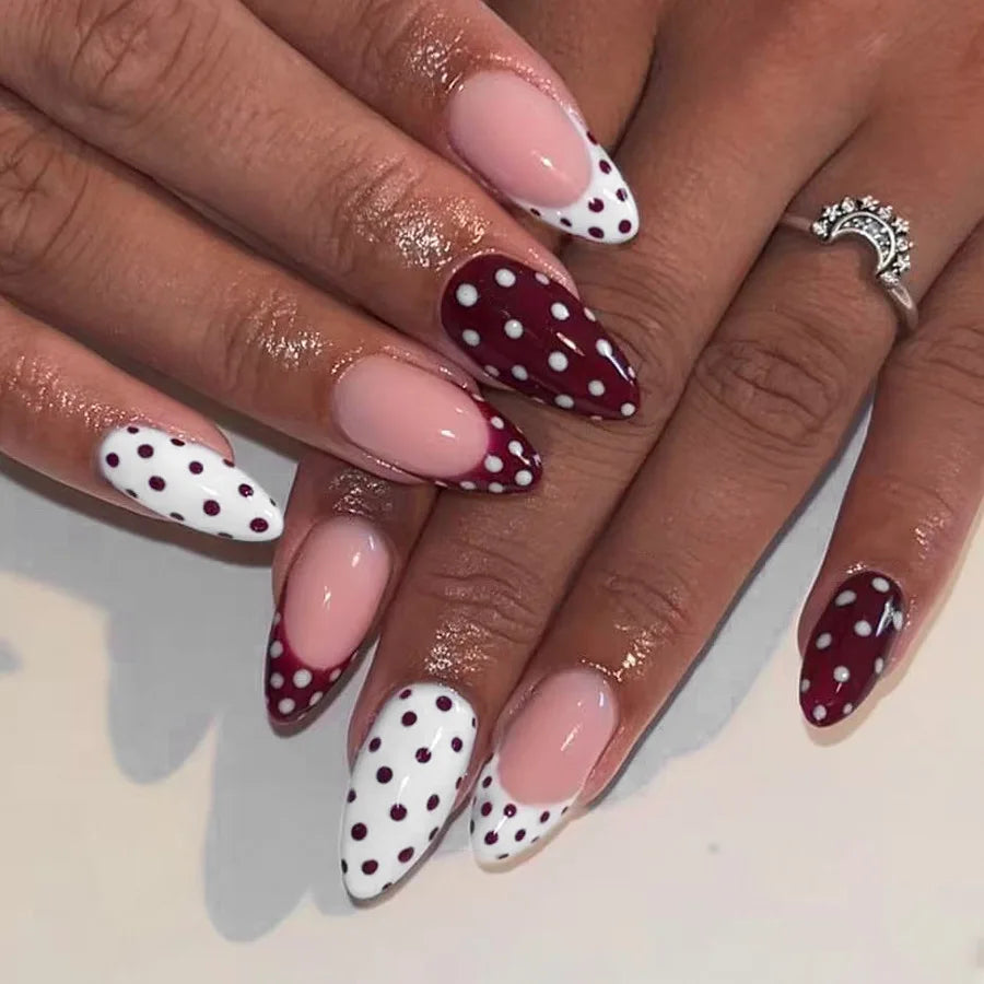 24Pcs Black White French Nails Set Press on Simple Polka Dot Full Cover Fake Nails Tips Mid-length Almond Detachable False Nails