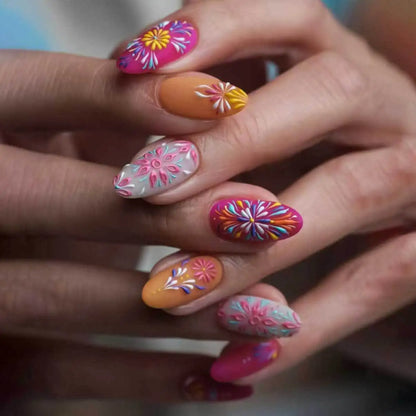 24Pcs Mid-length Almond Fake Nail with Colorful Checkered Pattern Press on False Nails Dopamine Datachable Full Cover Nails Tips