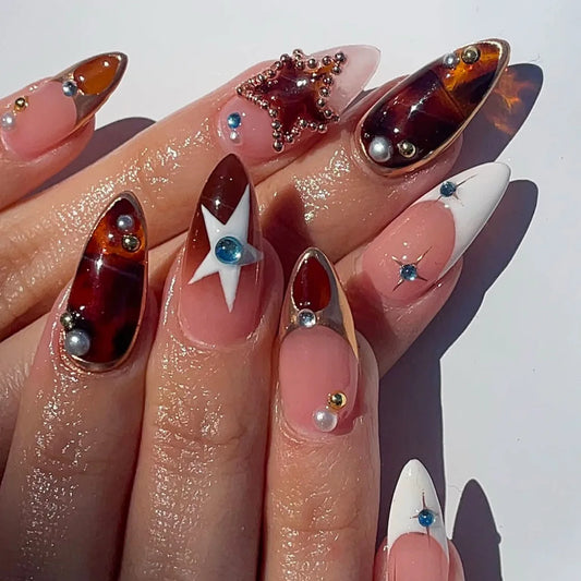 24Pcs Mid-length French Almond False Nails Press on Pearl Decorate Star Design Full Cover Nail Tip Rhinestone Reusable Fake Nail