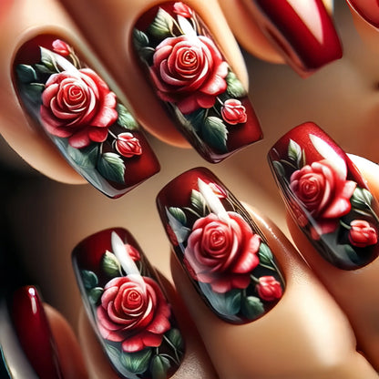 24pcs/set medium long fake nails for women cute gradient pink red heart rose flowers for Valentine's Day press on acrylic nails
