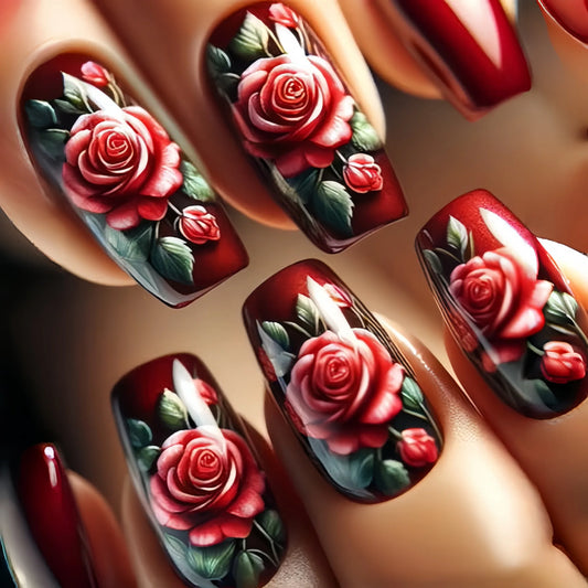 24pcs/set medium long fake nails for women cute gradient pink red heart rose flowers for Valentine's Day press on acrylic nails