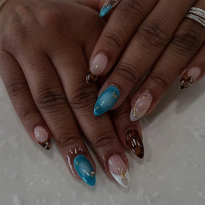 24Pcs Mid-length Blue Almond False Nails with 3D Shell Design Press on Nails Tips Butterfly Flower Pattern Datachable Fake Nail