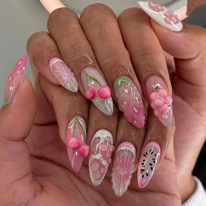 24Pcs Mid-length Blue Almond False Nails with 3D Shell Design Press on Nails Tips Butterfly Flower Pattern Datachable Fake Nail