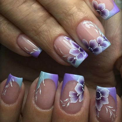 24Pcs Square Head Nails Set Press on Short False Nails with Purple Flowers Design Wearable Artificial Full Cover Fake Nail Tips