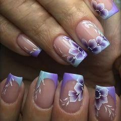 24Pcs Square Head Nails Set Press on Short False Nails with Purple Flowers Design Wearable Artificial Full Cover Fake Nail Tips