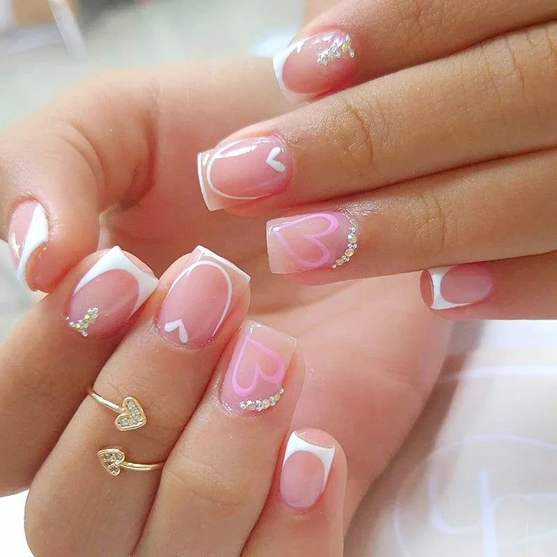 Red Almond Fake Nails 24Pcs Valentine's Day Press On Nails Love Heart/Bowknot/Star Printed Wearable False Nails for Women