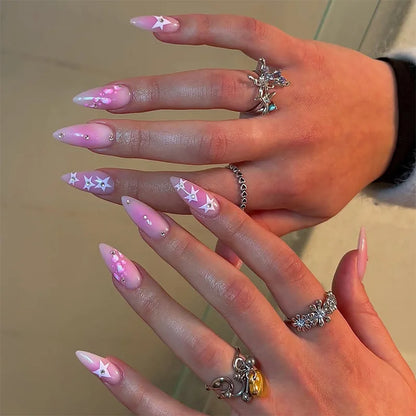 24Pcs Long Almond False Nails Press on Pink French Stripe Design Fake Nails 3D Bow Pearl Reusable Finished Full Cover Nails Tips