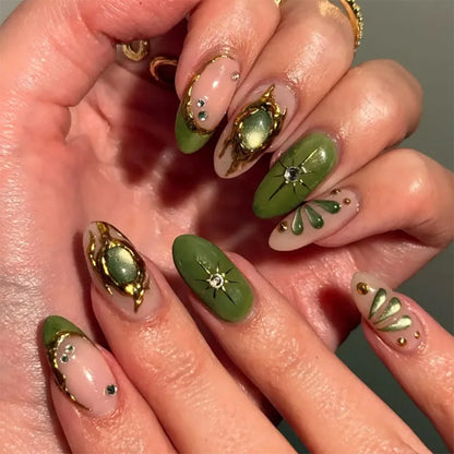 24Pcs Mid-length Blue Almond False Nails with 3D Shell Design Press on Nails Tips Butterfly Flower Pattern Datachable Fake Nail