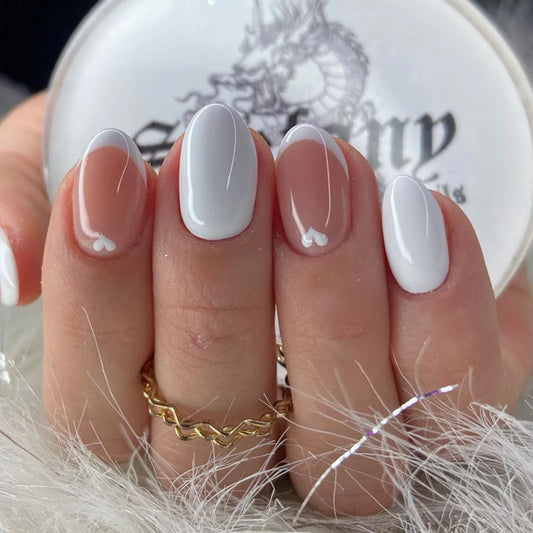 Short Oval Shaped False Nails for Women 24Pcs White French Press On Nails Love Heart Printed Wearable Acrylic Fake Nails Patches