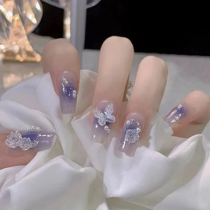 24pcs/set Medium fake nails for women girls 3D embossed flowers fruit shell rhinestones design Almond tips press on false nail