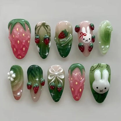 24Pcs Cute Rabbit Design Press on Nails Red Strawberry Pattern Wearable False Nails Mid-length Almond Full Cover Fake Nail Tips