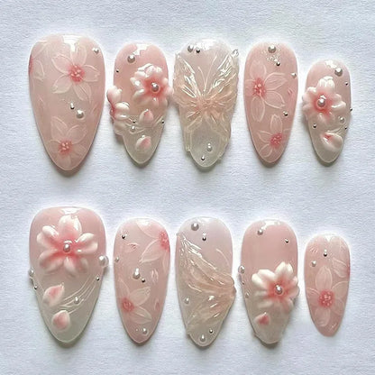 24Pcs White French Full Cover Fake Nail Tips with Pearl Reusable Short Almond False Nails Colorful Flowers Design Press on Nails
