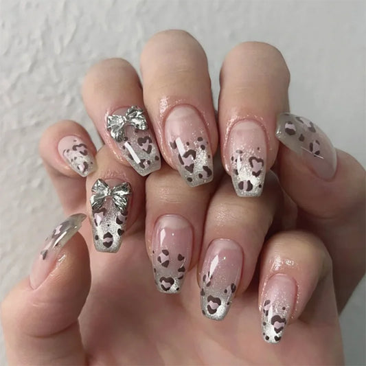 24Pcs Cat's Eye Leopard Print Gradient Fake Nails Mid-length Ballet Press on False Nails 3D Bow Detachable Full Cover Nails Tips