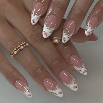 24Pcs Almond French Press on Fake Nails with Pearl Bow Design Wearable Leopard Print Pattern Nail Art Tips Long False Nails Set