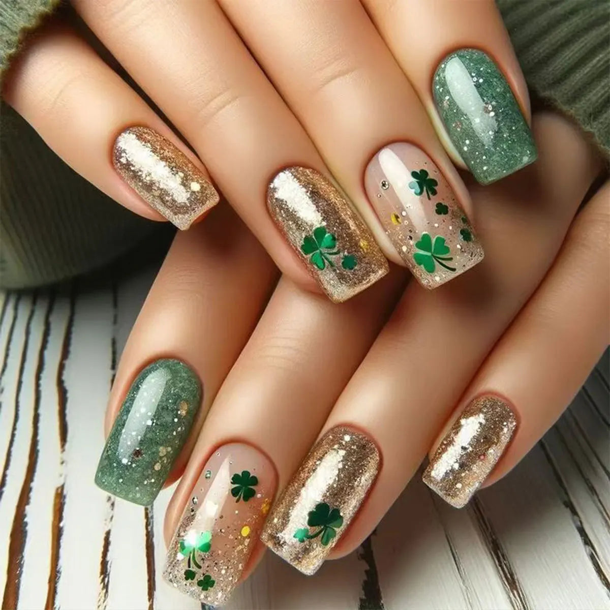 24pcs/set short medium long fake nails Spring flowers flora for St. Patrick's Day faux ongles press on acrylic false nail art