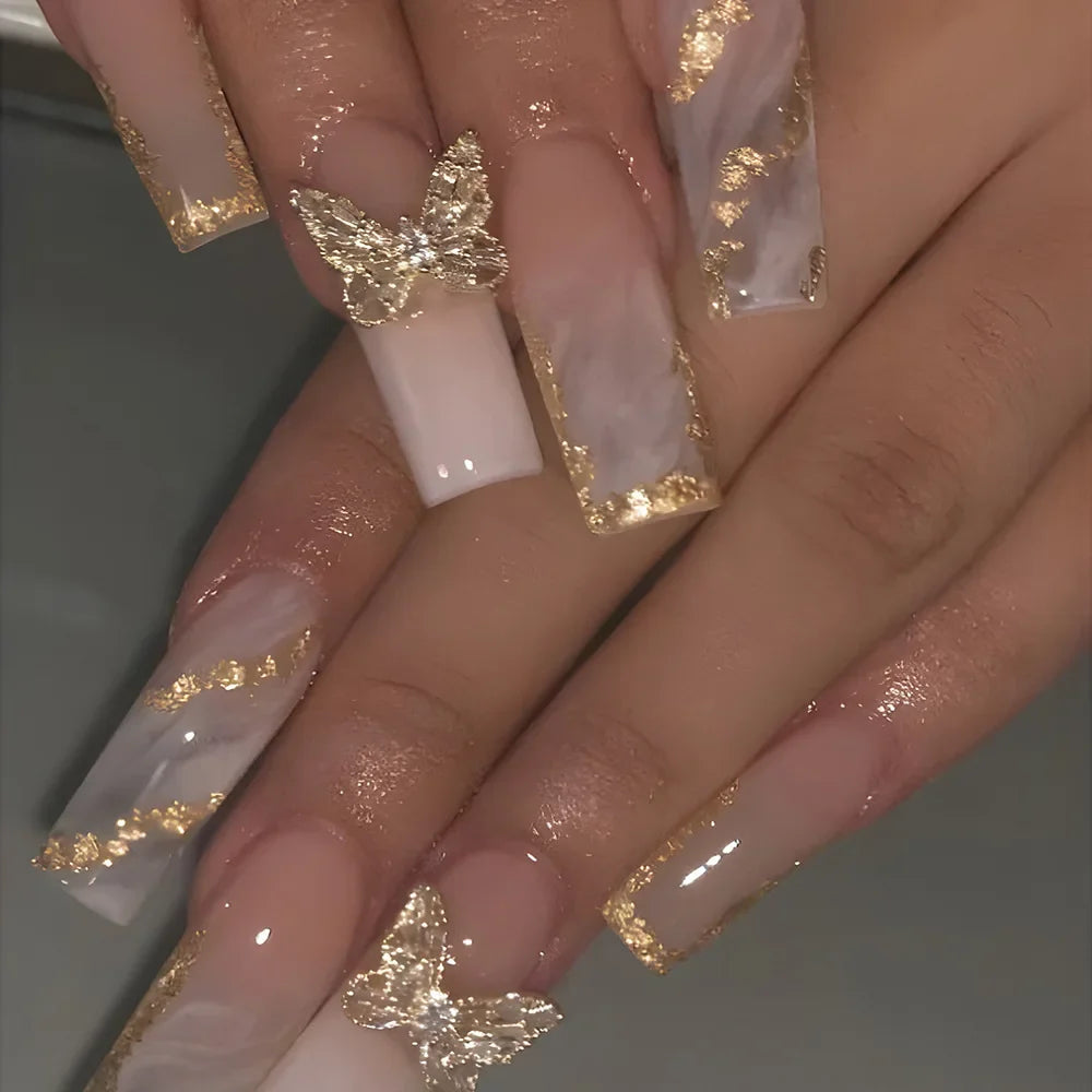 24Pcs Red Smudge French Full Cover Nails Tips Art Long Square Head Fake Nails 3D Flower Rhinestone Wearable Press on False Nails
