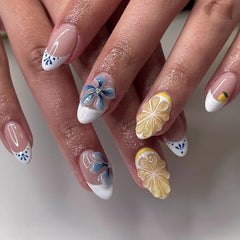 24pcs/set Medium fake nails for women girls 3D embossed flowers fruit shell rhinestones design Almond tips press on false nail