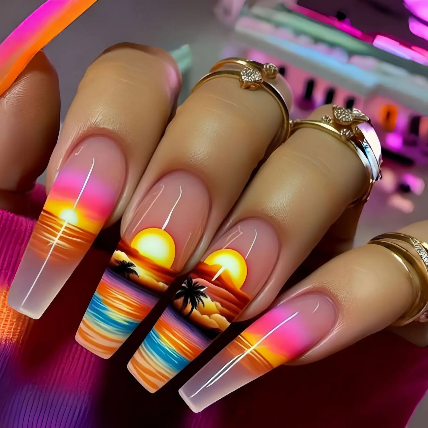 24pcs/set Medium long fake nails Gradient blue ocean fish sun flowers butterfly square ballet summer tips press on false nail