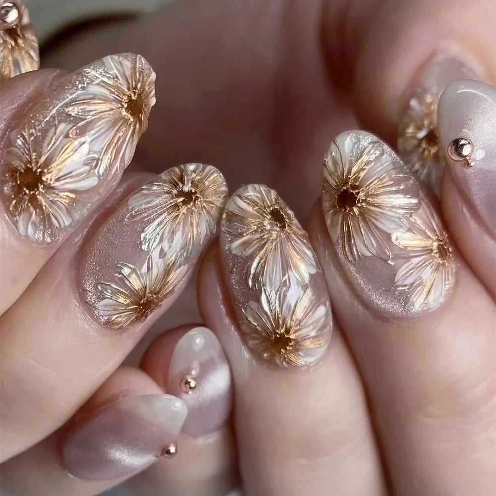 24Pcs Short Round Fake Nails with Gilding Flower Design Wearable Almond False Nails Tips Golden Lines Detachable Press on Nails