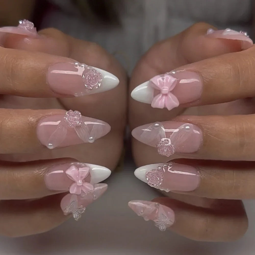24pcs/set Short Medium fake nails for women girls 3D cute pink bow flowers leopard french square almond tips press on false nail