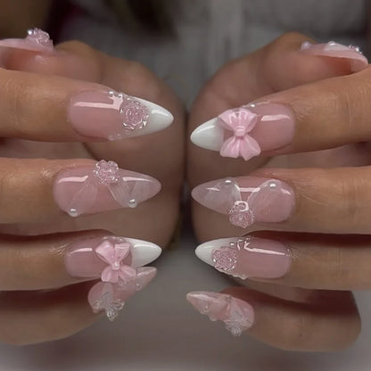 24pcs/set Short Medium fake nails for women girls 3D cute pink bow flowers leopard french square almond tips press on false nail
