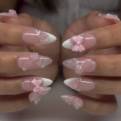 24pcs/set Short Medium fake nails for women girls 3D cute pink bow flowers leopard french square almond tips press on false nail