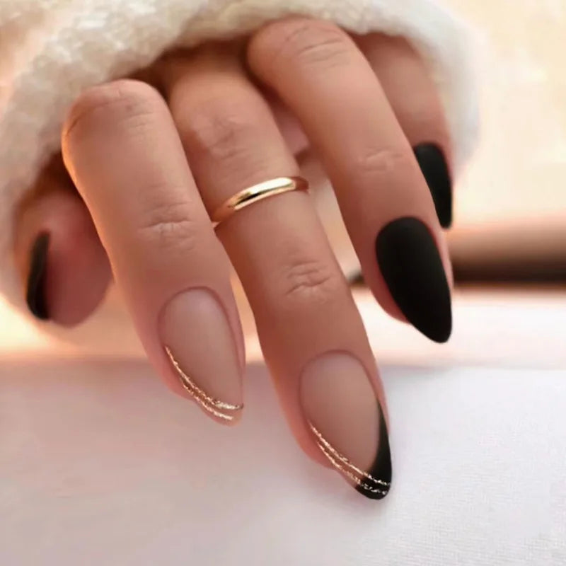 24Pcs Mid-length Almond Press on Fake Nails Irregular Line French Design Full Cover Nail Tip Shiny Powder Detachable False Nails