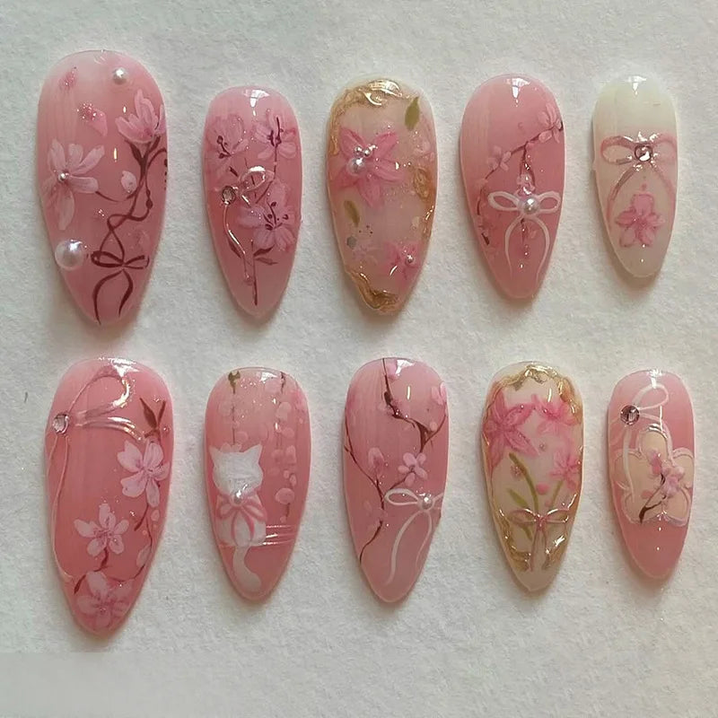 24Pcs White French Full Cover Fake Nail Tips with Pearl Reusable Short Almond False Nails Colorful Flowers Design Press on Nails
