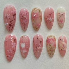 24Pcs White French Full Cover Fake Nail Tips with Pearl Reusable Short Almond False Nails Colorful Flowers Design Press on Nails