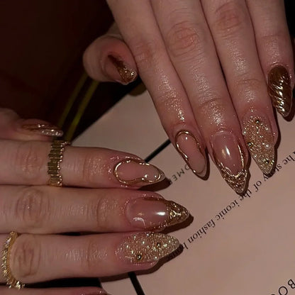 24Pcs Mid-length Almond False Nails Gold Irregular French Fake Nail Love Heart Starburst Rhinestone Reusable Press on Nails Tips