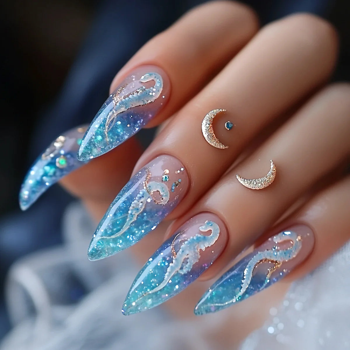 24Pcs Mid-length Almond Fake Nail with Blue Stripe Smudge Design Press on Nails for Woman Datachable Full Cover False Nails Tips