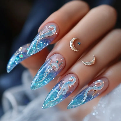 24Pcs Mid-length Almond Fake Nail with Blue Stripe Smudge Design Press on Nails for Woman Datachable Full Cover False Nails Tips