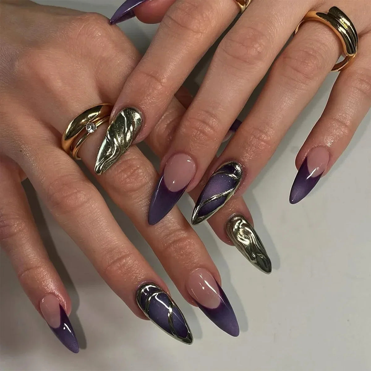 24Pcs Mid-length Blue Almond False Nails with 3D Shell Design Press on Nails Tips Butterfly Flower Pattern Datachable Fake Nail