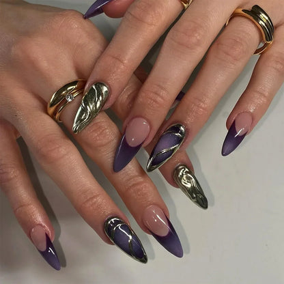 24Pcs Mid-length Blue Almond False Nails with 3D Shell Design Press on Nails Tips Butterfly Flower Pattern Datachable Fake Nail
